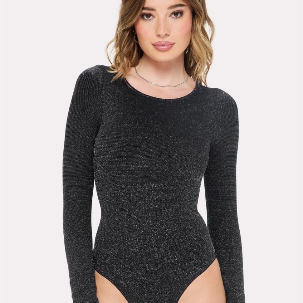 YITTY Shimmering Black Long Sleeve Shaping Bodysuit